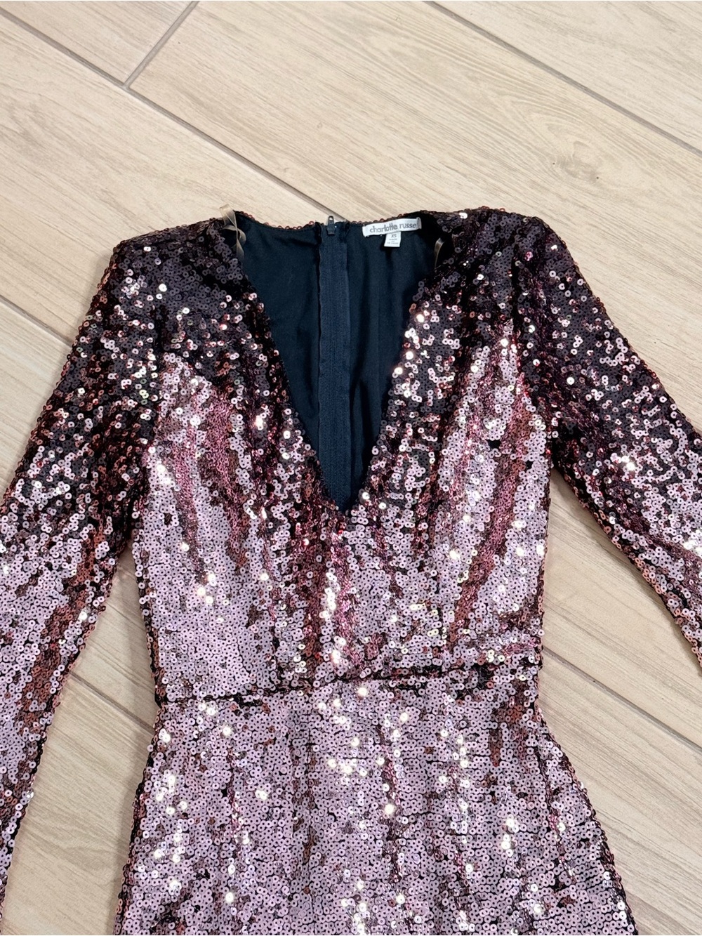 Charlotte Russe Y2K XS Rose Gold Sequin Bodycon Mini Dress Long Sleeve V - Picture 2 of 6